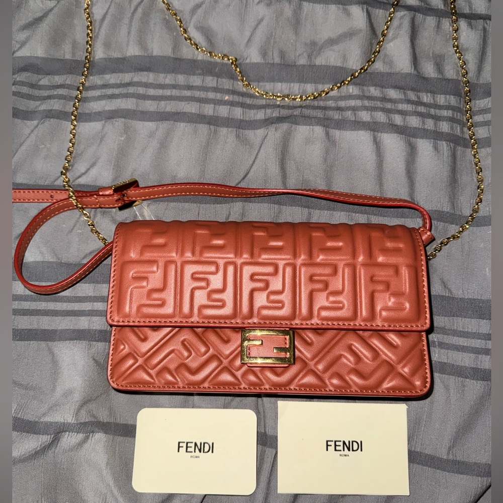 Fendi Quilted Embossed Logo Leather Crossbody in Cognac brown with Gold Chain